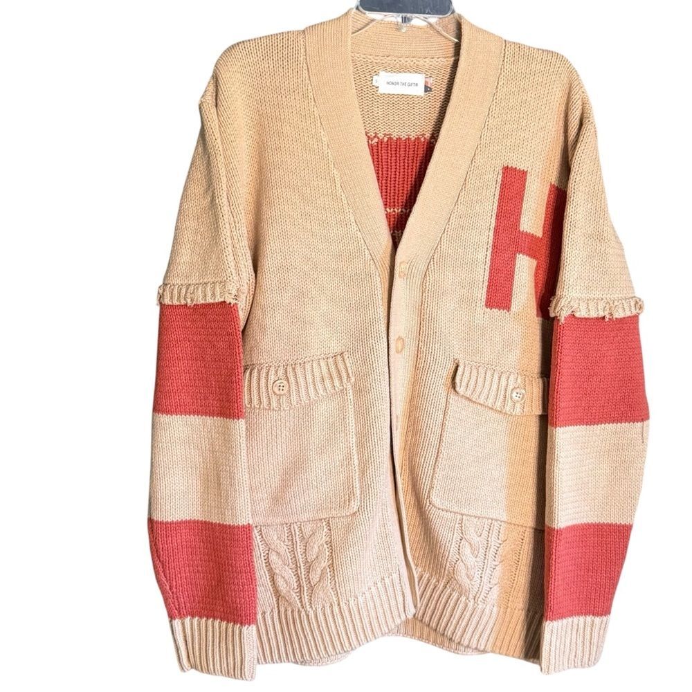 Honor The Gift Beige and Salmonish Knit Cardigan Size Small